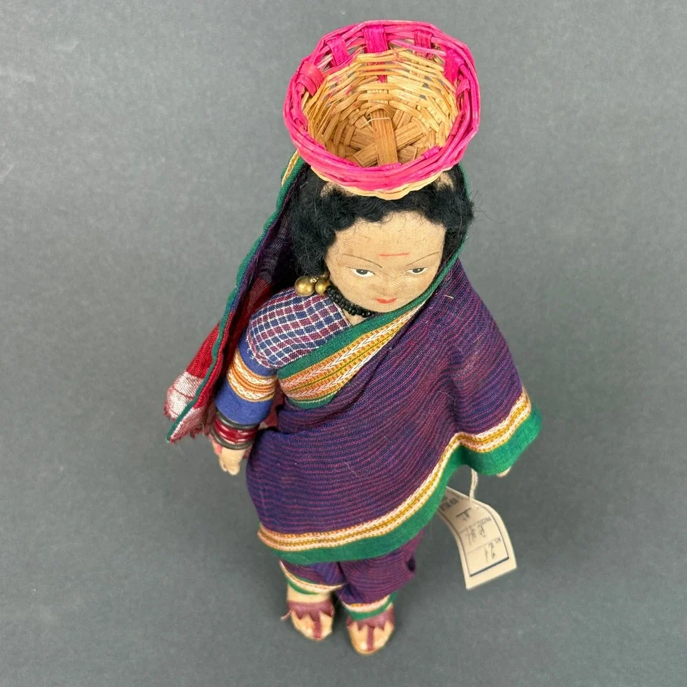 Vtg Indian Handmade Cloth Doll Woman in Traditional Dress Basket 11